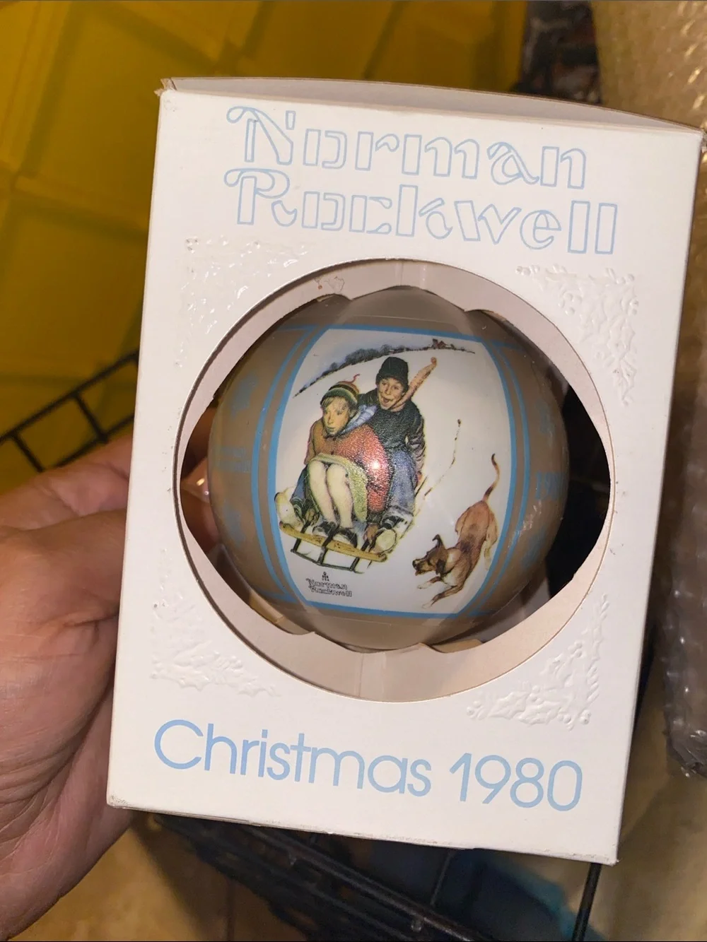 Norman Rockwell White and Blue Sledding Children Christmas Ornament